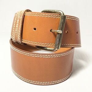 Vtg Tan Beige Wide Leather Ellen Tracey Belt Womens Size 8 S/M 28-32" Stitched